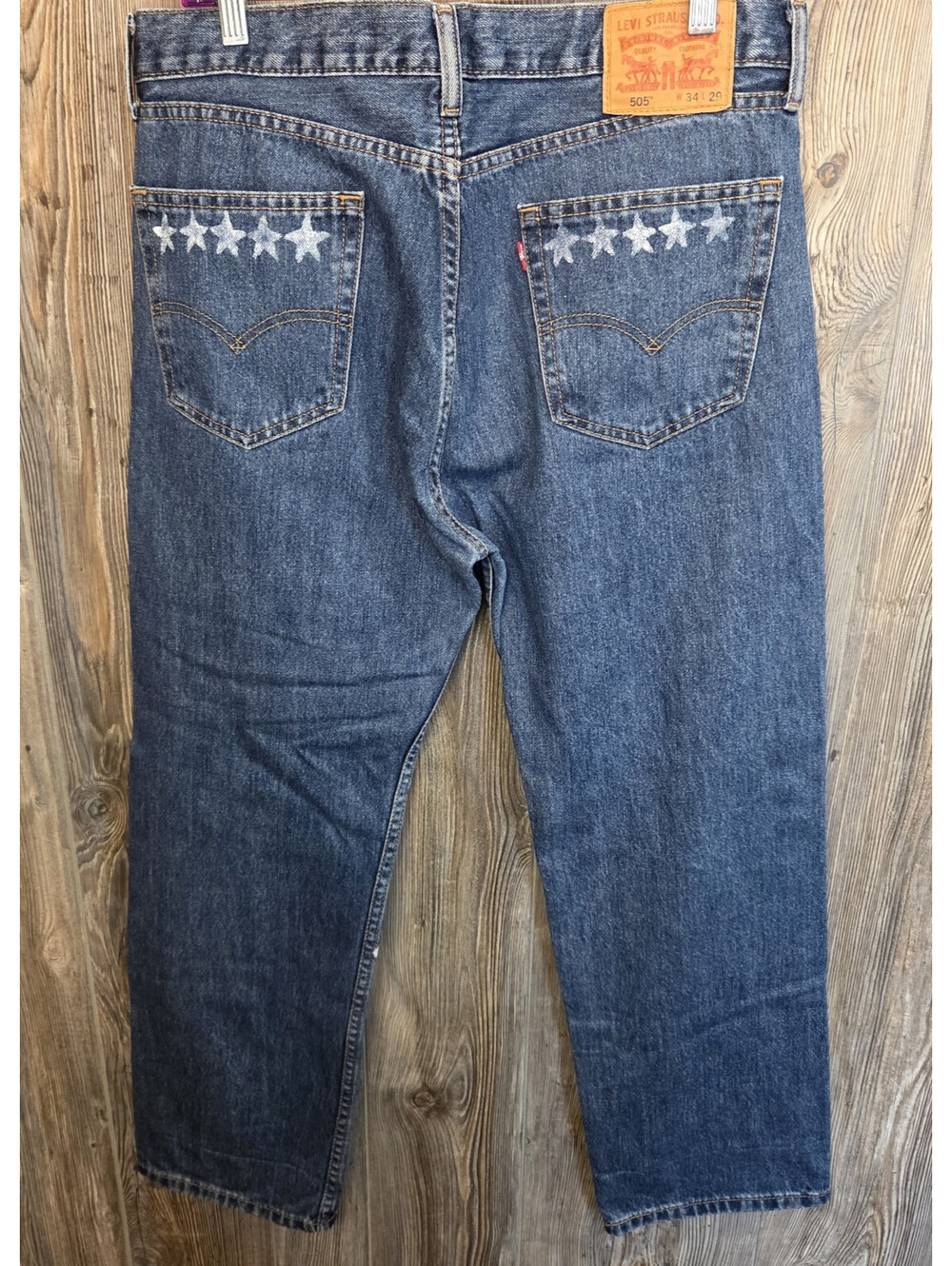 Levi's Denim Blue Jeans 505 Size 34x29 Regular Fit Distress Custom Stars Paint - Picture 2 of 7